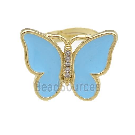 copper butterfly Rings with blue lt.enamel, adjustable, gold plated