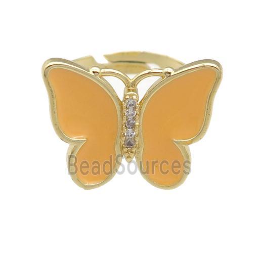 copper butterfly Rings with peach enamel, adjustable, gold plated