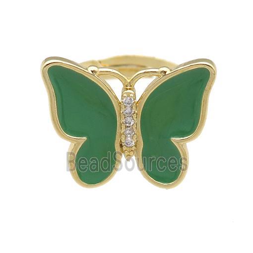 copper butterfly Rings with green enamel, adjustable, gold plated