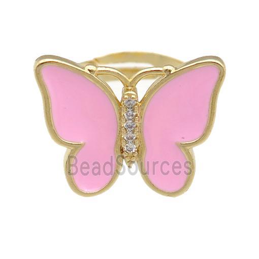 copper butterfly Rings with pink enamel, adjustable, gold plated