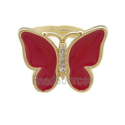 copper butterfly Rings with red enamel, adjustable, gold plated