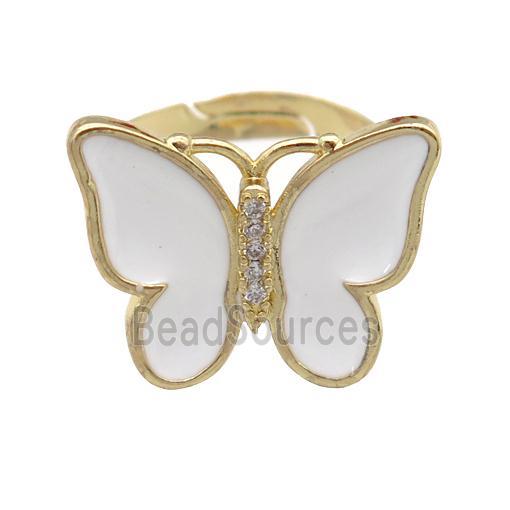 copper butterfly Rings with white enamel, adjustable, gold plated