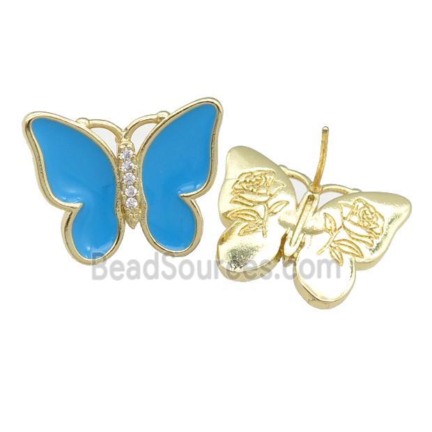 copper butterfly Stud Earring with blue enamel, gold plated