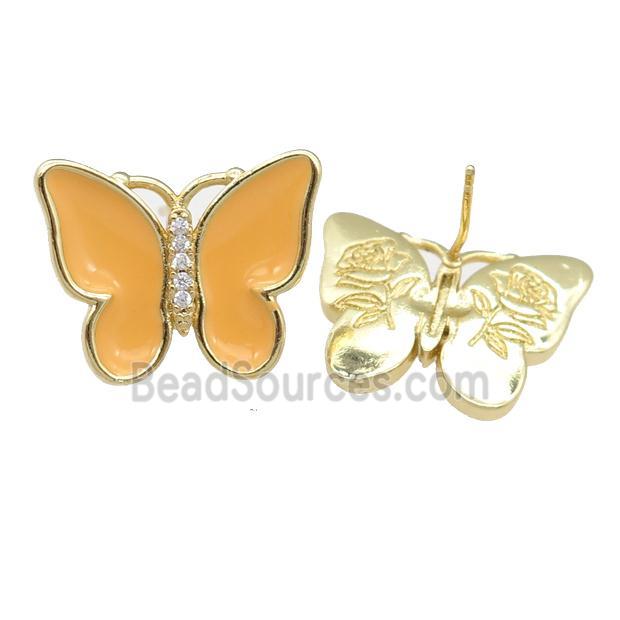 copper butterfly Stud Earring with peach enamel, gold plated