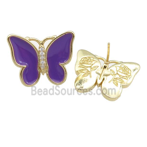 copper butterfly Stud Earring with purple enamel, gold plated