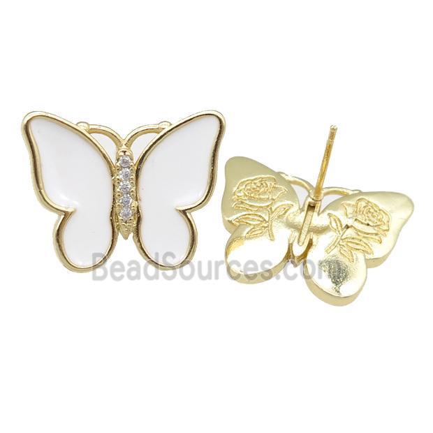 copper butterfly Stud Earring with white enamel, gold plated