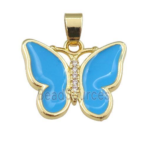 copper butterfly pendant with blue enamel, gold plated