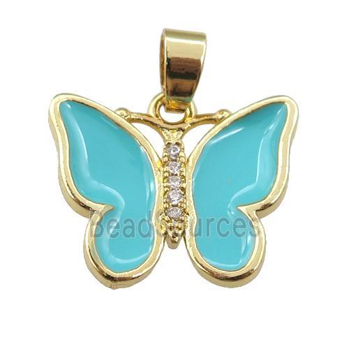 copper butterfly pendant with teal enamel, gold plated