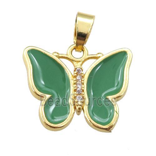 copper butterfly pendant with green enamel, gold plated