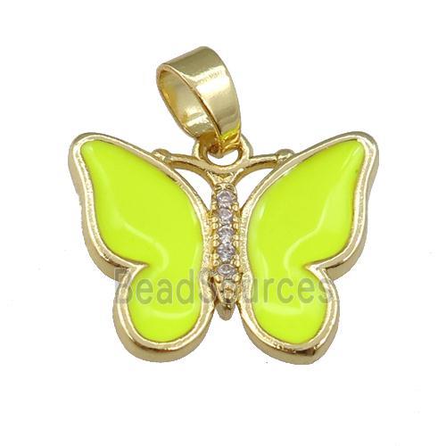 copper butterfly pendant with nenoyellow enamel, gold plated