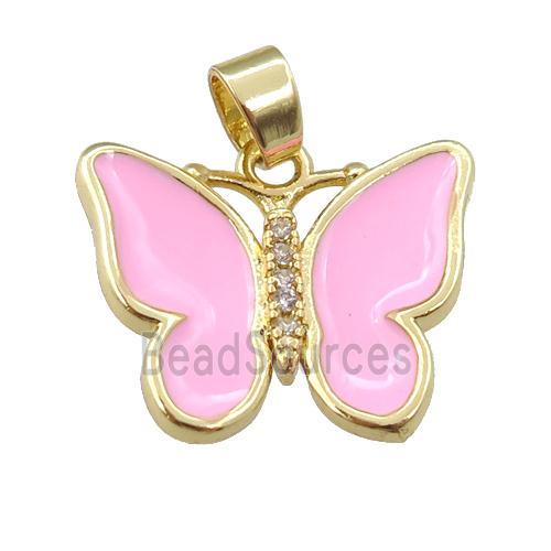 copper butterfly pendant with pink enamel, gold plated