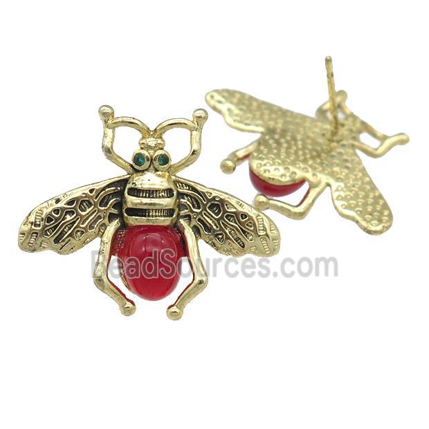 copper honeybee Stud Earring with red cats eye stone, antique gold