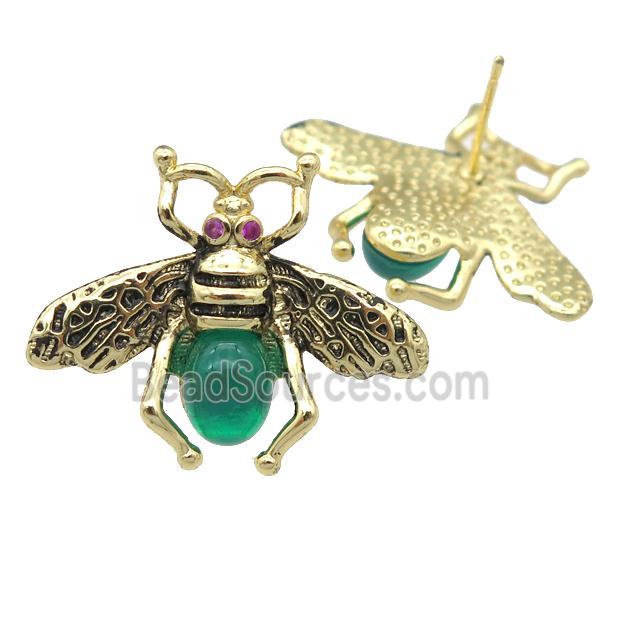 copper honeybee Stud Earring with green cats eye stone, antique gold