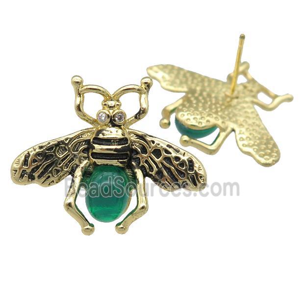 copper honeybee Stud Earring with green cats eye stone, antique gold