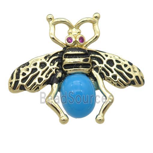 copper honeybee Connector with turqblue cats eye stone, antique gold