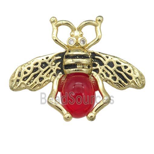 copper honeybee Connector with red cats eye stone, antique gold