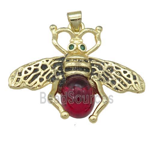 copper honeybee Pendant with red cats eye stone, antique gold