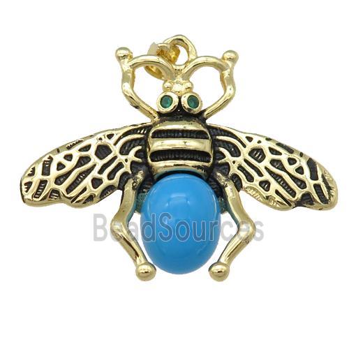 copper honeybee Pendant with turqblue cats eye stone, antique gold