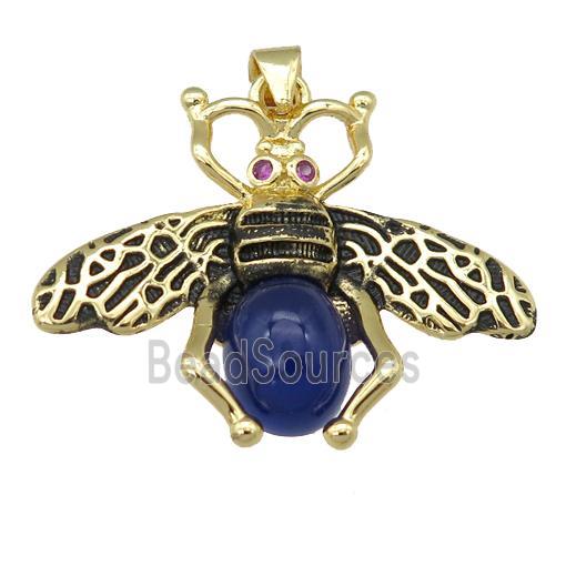 copper honeybee Pendant with blue cats eye stone, antique gold