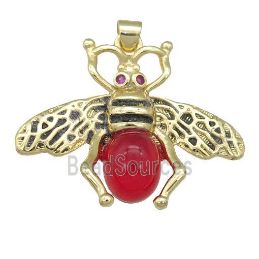 copper honeybee Pendant with red cats eye stone, antique gold