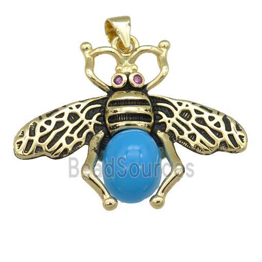 copper honeybee Pendant with turqblue cats eye stone, antique gold