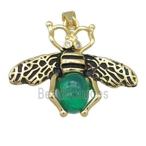 copper honeybee Pendant with green cats eye stone, antique gold