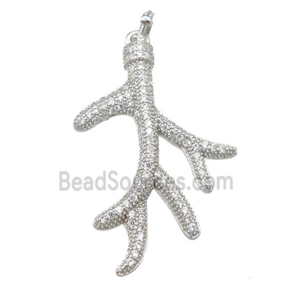 copper Antler pendant pave zircon, platinum plated