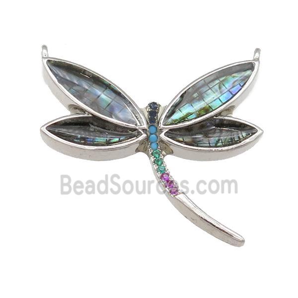 copper Dragonfly pendant pave zircon, abalone shell, platinum plated