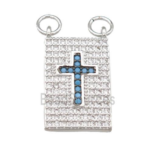 copper Rectangle pendant pave zircon, cross, platinum plated