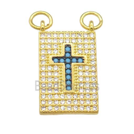 copper Rectangle pendant pave zircon, cross, gold plated