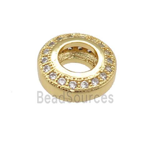 copper rondelle beads pave zircon, large hole, gold plated