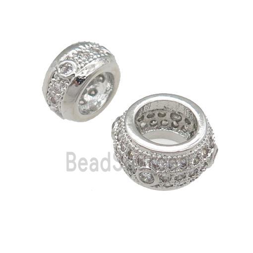 copper rondelle beads pave zircon, large hole, platinum plated