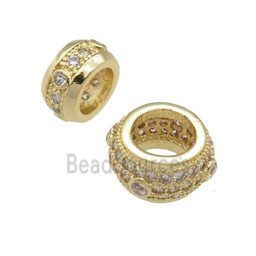 copper rondelle beads pave zircon, large hole, gold plated