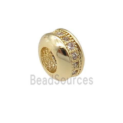 copper rondelle beads pave zircon, large hole, gold plated