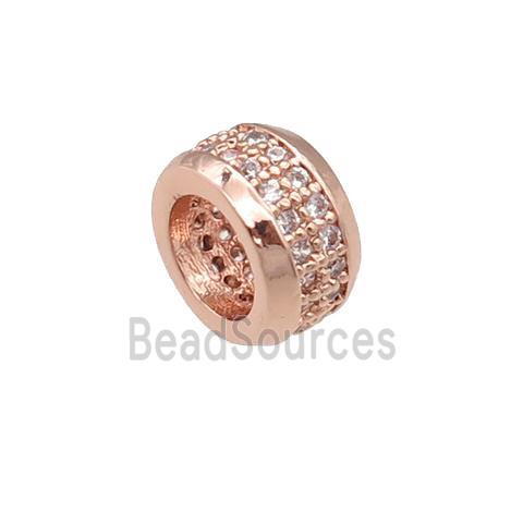 copper rondelle beads pave zircon, large hole, rose gold