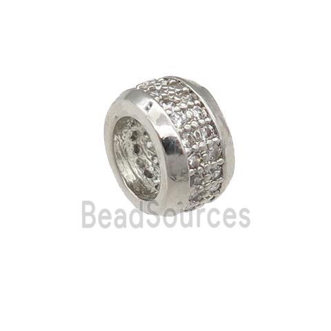 copper rondelle beads pave zircon, large hole, platinum plated