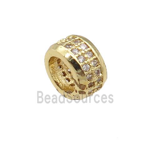 copper rondelle beads pave zircon, large hole, gold plated