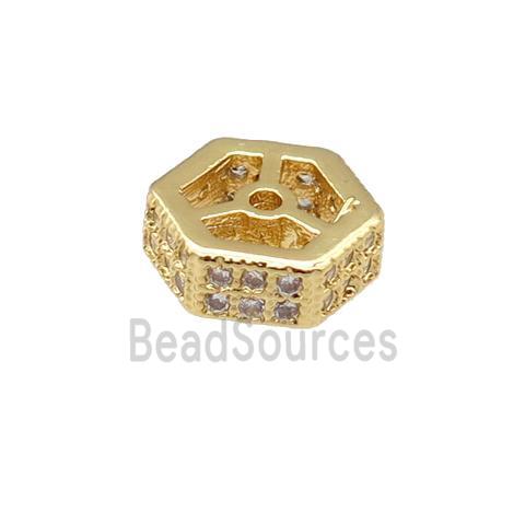 copper hexagon beads pave zircon, gold plated