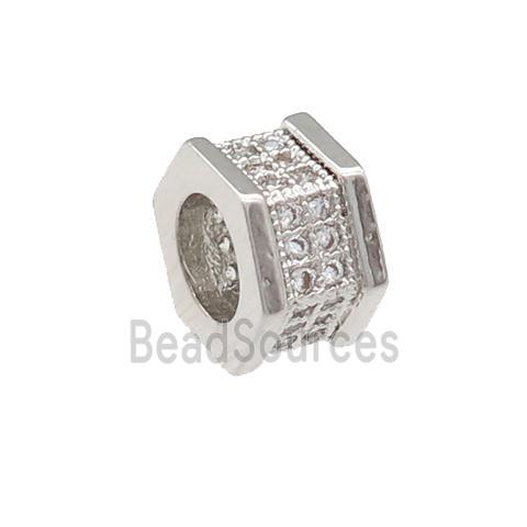 copper hexagon beads pave zircon, large hole, platinum plated