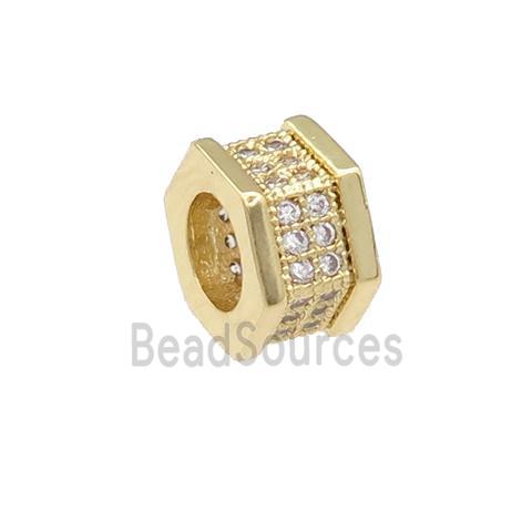 copper hexagon beads pave zircon, large hole, gold plated