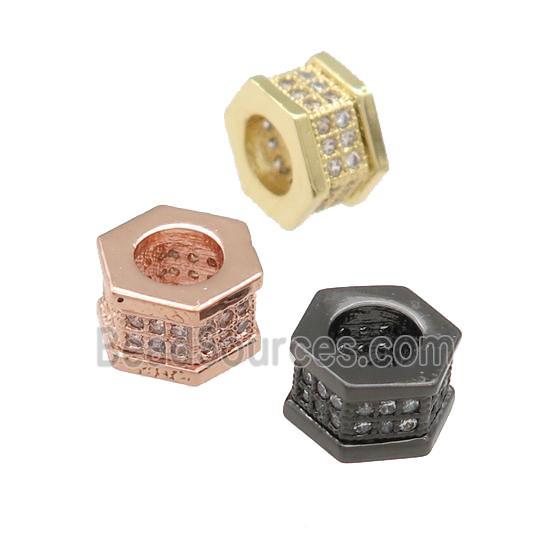 copper hexagon beads pave zircon, large hole, mixed