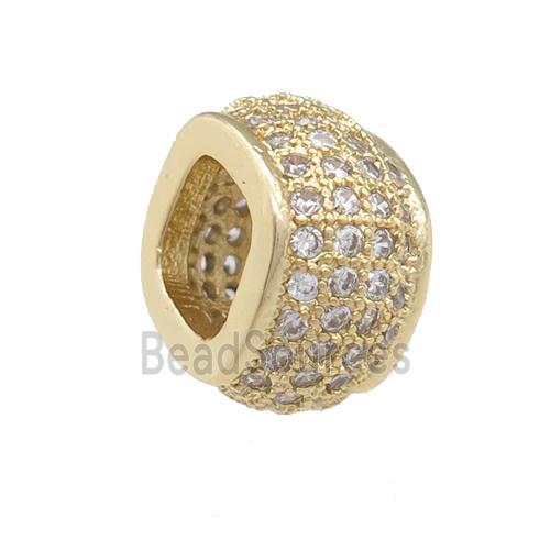 copper rondelle beads pave zircon, large hole, gold plated