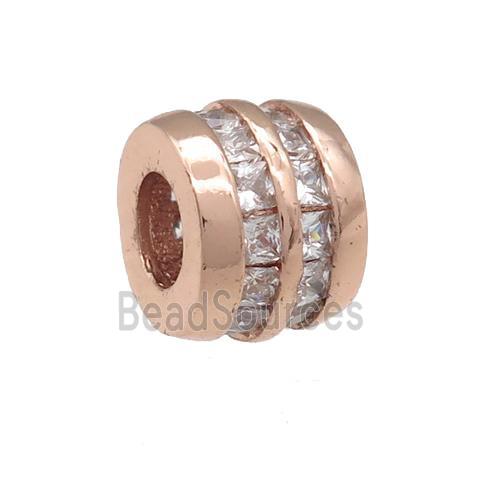 copper barrel beads pave zircon, large hole, rose gold