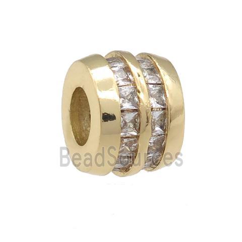 copper barrel beads pave zircon, large hole, gold plated