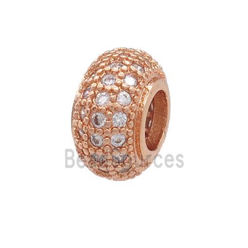 copper rondelle beads pave zircon, large hole, rose gold