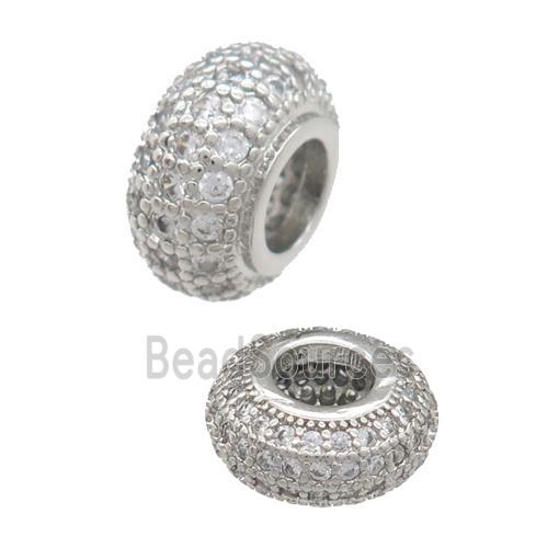 copper rondelle beads pave zircon, large hole, platinum plated