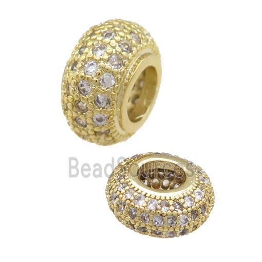 copper rondelle beads pave zircon, large hole, gold plated