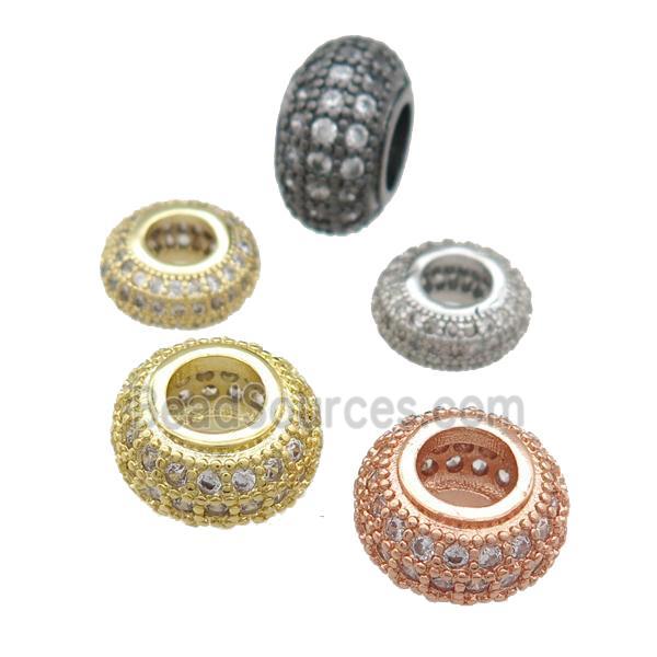 copper rondelle beads pave zircon, large hole, mixed