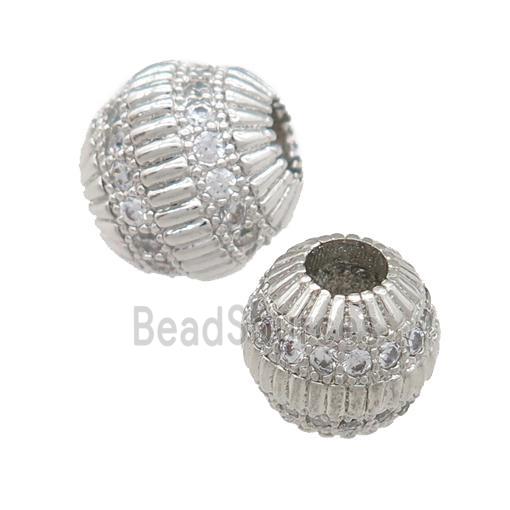 copper barrel beads pave zircon, large hole, platinum plated