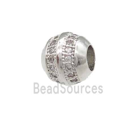 copper barrel beads pave zircon, large hole, platinum plated